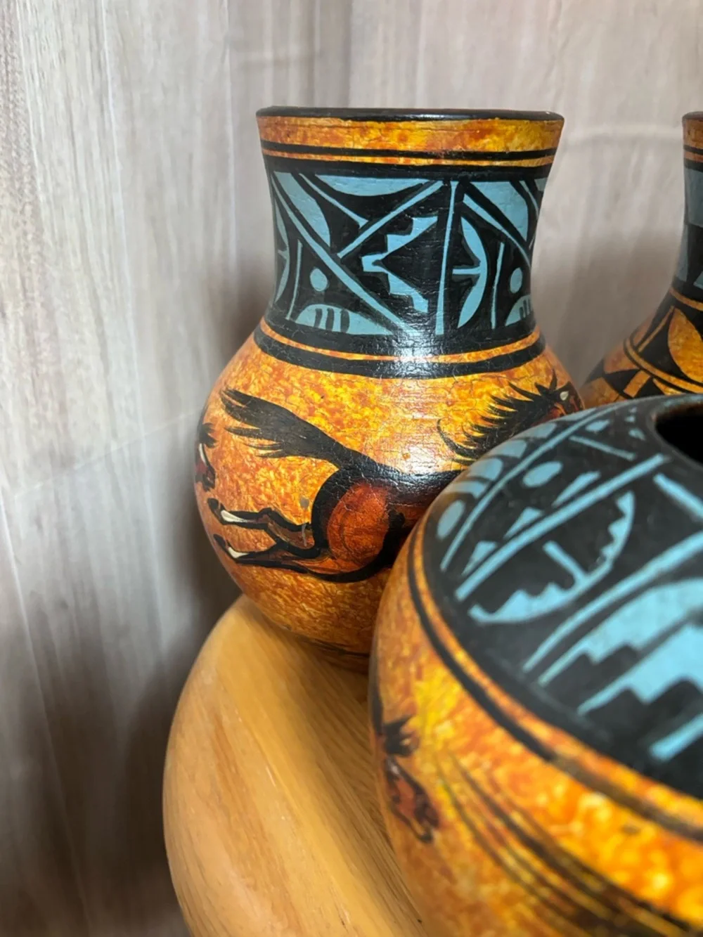 Solis Ollin Mexican Pottery Vases Hand painted Signed in Mexico Horses Cave Art